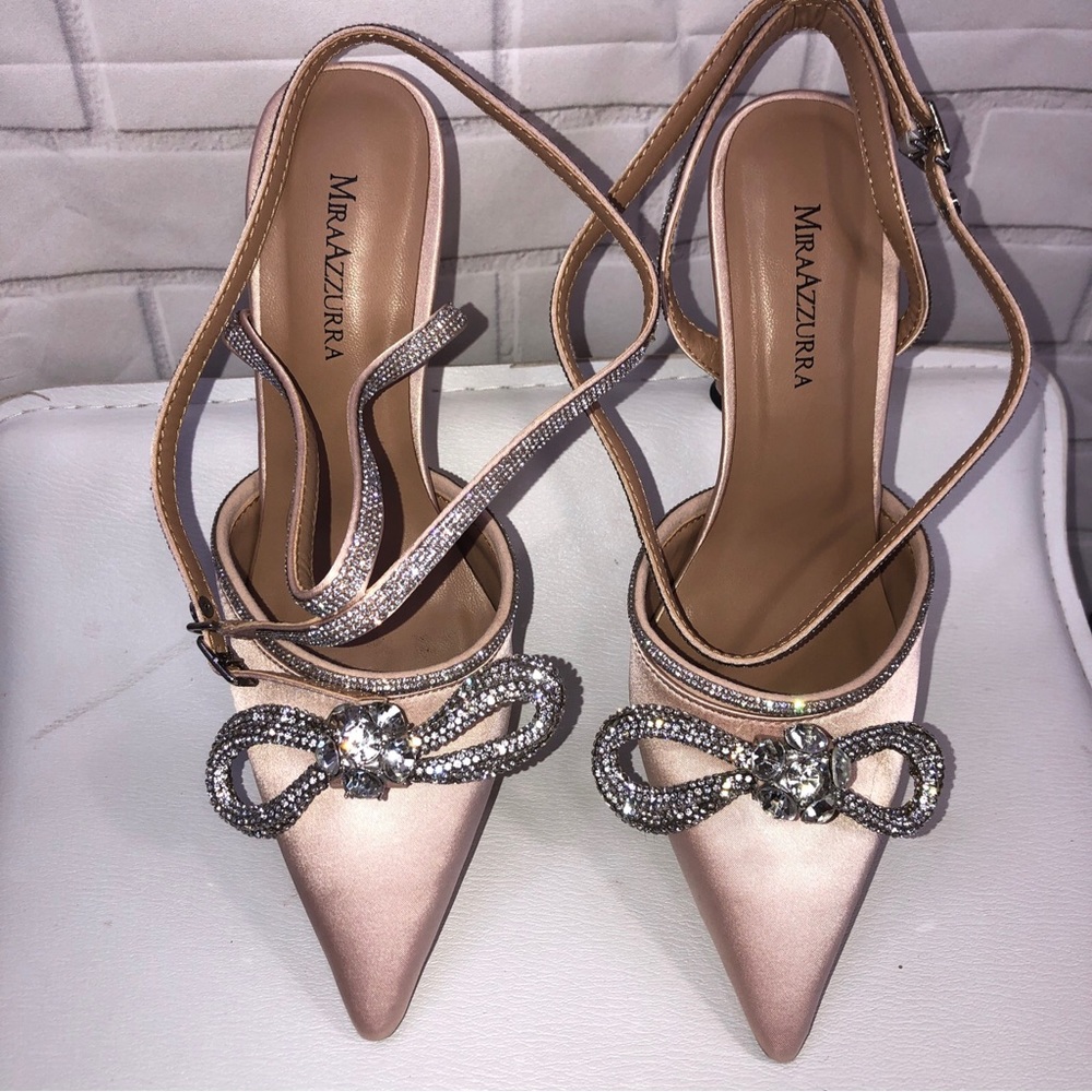 MIRAAZZURRA Women High Heeled Sandals Satin Sparkly Rhinestone Double Bow Size 6